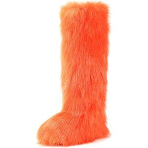Women's Orange Knee-High Faux Fur Boots Warm, Fluffy, Stylish Winter Snow Boots